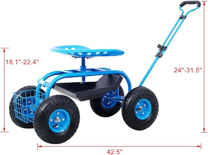 Ergonomic Rolling Garden Scooter with 360-Degree Swivel Seat Built-in Tool Tray and All-Terrain Wheels for Outdoor Use (Blue + Steel)
