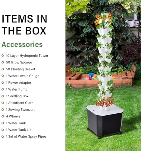 Hydroponics Growing Tower - 10-Layer Vertical Hydroponic System for Indoor and Outdoor Gardens 50 Slots for Vegetables and Fruits with Silent Pump