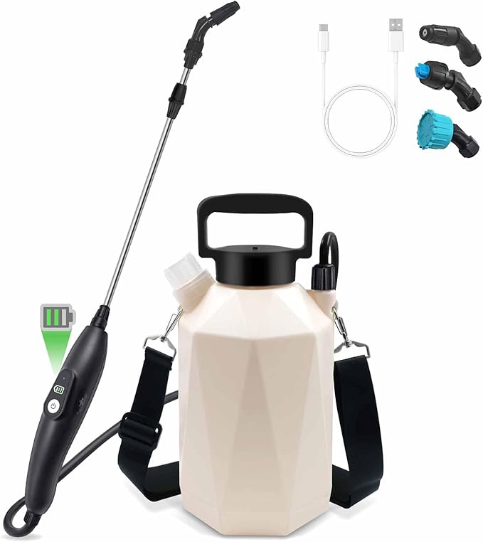 Battery Powered Garden Sprayer 1 Gallon Electric Sprayer in Lawn with USB Rechargeable Handle Retractable Wand 3 Mist Nozzles Yard Water Pump Sprayers with Adjustable Shoulder Strap for Gardening