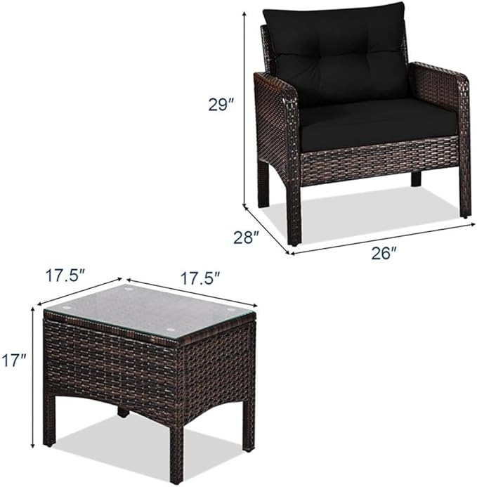 Pemberly Row 3-Piece 26'' Rattan Conversation Set Outdoor Seating Ensemble Built for Casual Comfort and Interaction Black