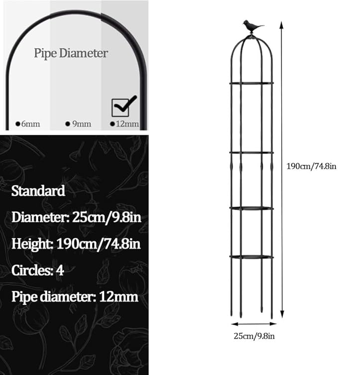 1pc Φ8.3-13.8in Garden Obelisk Trellis for Climbing Plants Metal Garden Trellis Tomato Cage High 47/59/63/71/74.8in for Climbing Vine Birdcage Shape ( Color : White  Size : 25x190cm(9.8x74.8in) )