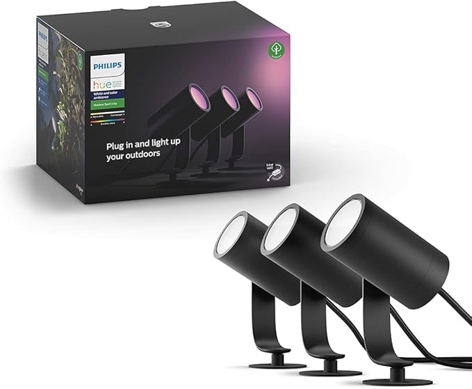 Philips Hue Lily White &amp Color Outdoor Spot Light Base kit (Hue Hub Required) 3 Spot Lights with Power Supply + Mount Works with Alexa HomeKit &amp Google Assistant