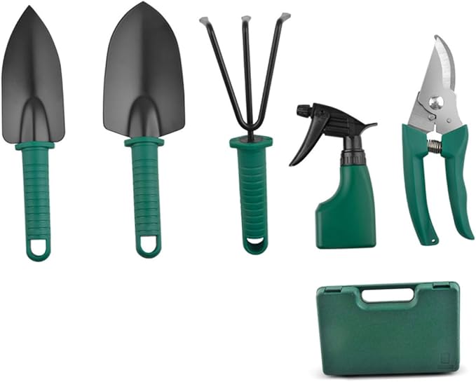 Garden Tool Set with Stainless Steel Planting Shovels and Rake Portable 5pcs Gardening Supplies with Carrying Case for Outdoor Planting and Lawn Care