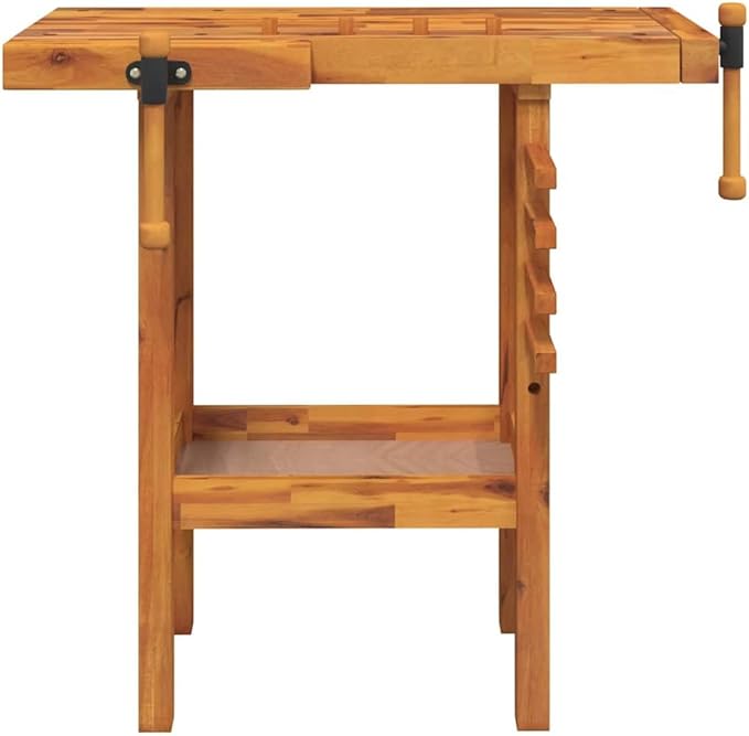 vidaXL Solid Wooden Workbench with Acacia Wood Top and Vices for Workshops Garages and Sheds – Large Space High Strength