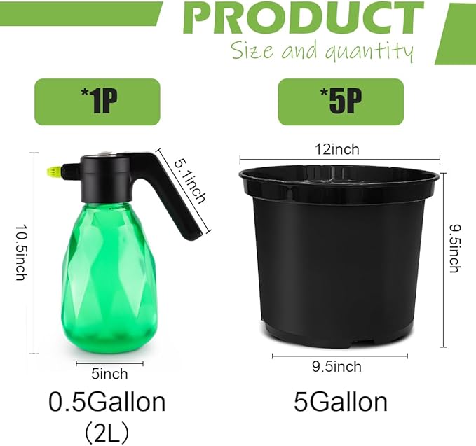 5-Gallon Nursery Pots 5P with 0.5 Gallon/2L Electric Spray Bottle Plant Containers with Drainage Holes Round Sturdy Garden Planters for Indoor/Outdoor Greenery