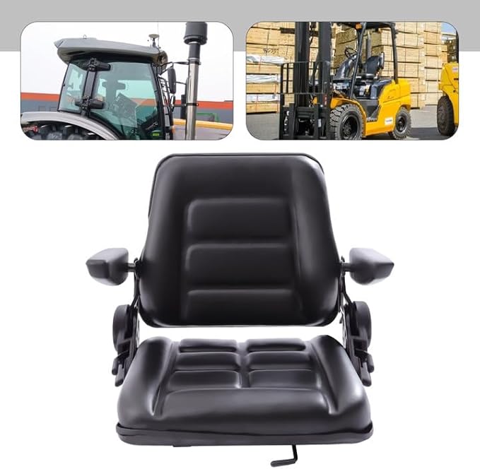 Universal Forklift Seat Foldable Tractor Seat with Armrests 35-175° Height &amp Angle Adjustable Lawn Mower Seat High Resilience Forklift Seat Black PVC Tractor Seat Heavy Mechanical Seat