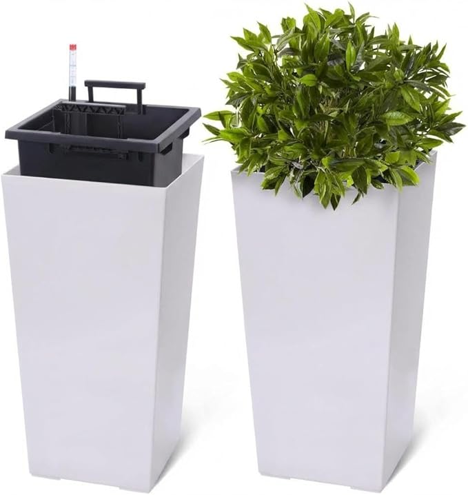IDEALHOUSE 22.4 in Large Self-Watering Planters Set of 2 Tall Indoor Outdoor Plastic Pots with Drainage Holes Water Level Monitor &amp Inner Bucket Decorative for Patio Balcony Porch White
