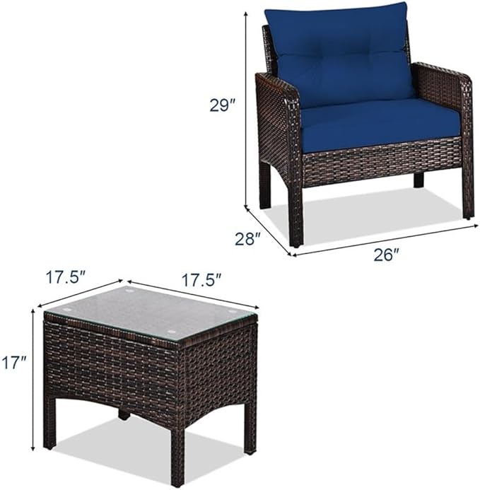 Pemberly Row 3-Piece 26'' Rattan Conversation Set Outdoor Seating Ensemble Built for Casual Comfort and Interaction Navy