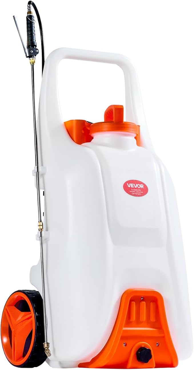 VEVOR 13.1 Gallon Battery Powered Sprayer with Wheels Adjustable 0-80 PSI 5 Nozzles and 98ft Hose Included Orange