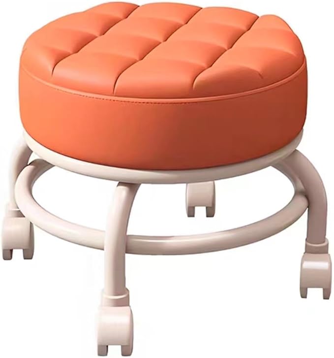 Low Rolling Stool with Wheels Foot Stools with Universal Swivel Caster Wheels Leather Small Stools for Garage Gardening(Orange One Size) (Orange One Size)