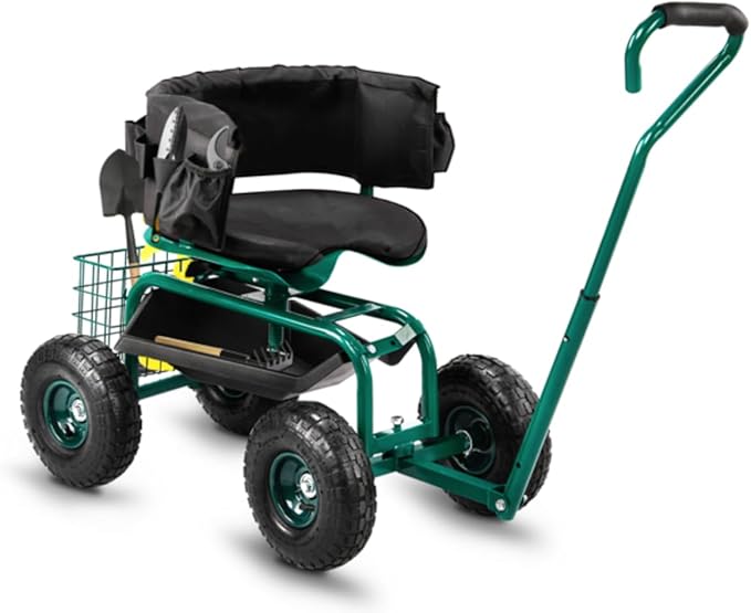 Rolling Garden Cart with Cushioned Backrest &amp Seat Outdoor Gardening Stool for Planting Garden Scooter with 360 Degree Swivel Seat &amp Steering Handle &amp Tool Tray (Backrest Seat+Handle Gre