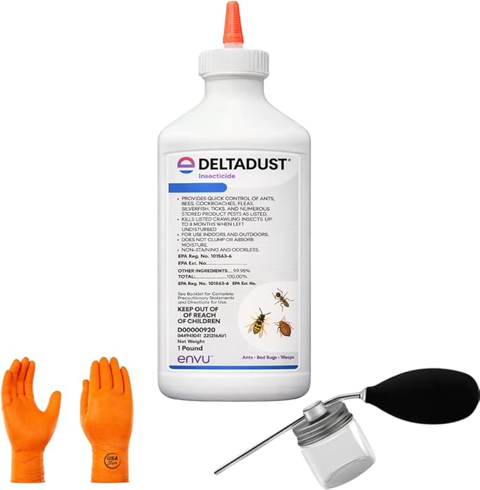DeltaDust Insecticide with Puffer Duster – Professional Pest Control Dust for Cracks &amp Crevices – Indoor/Outdoor Use | Premium USA Supply Gloves for Safe Eradication | USA Supply Pest ID Card