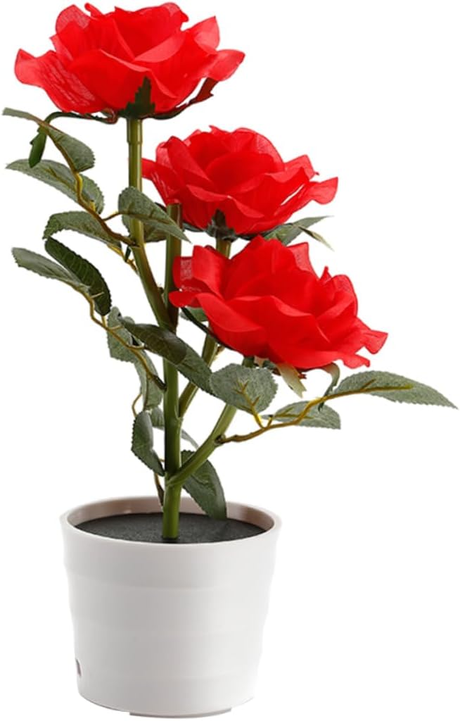 Happyyami Solar Rose Flower Lights Led Decorative Bonsai Night Lamp for Use for Gardens Offices Weddings and Red