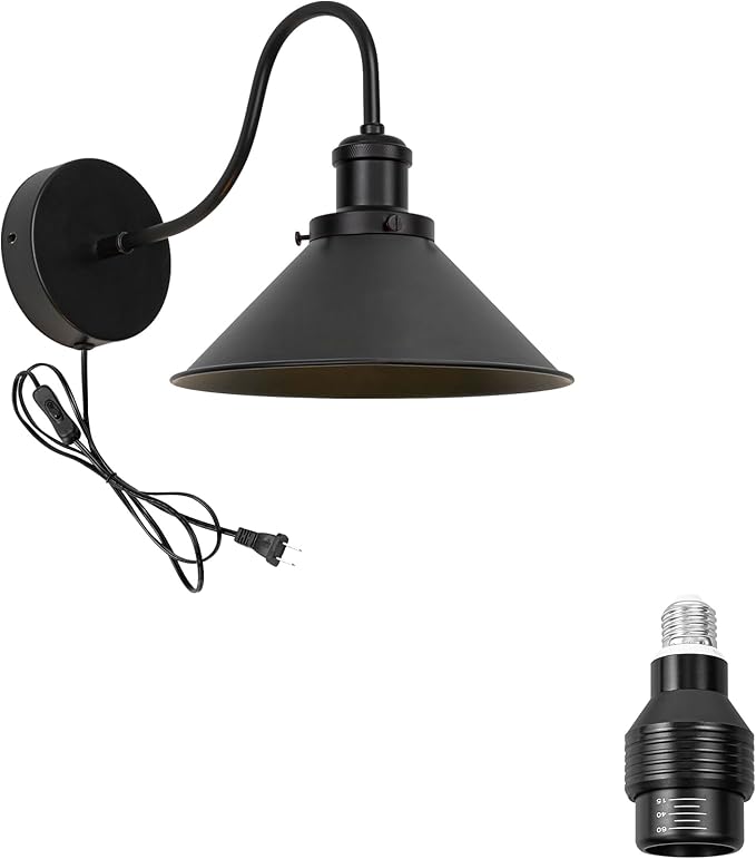 Hook Mounted Plant Light Full Spectrum 4500K 10W Adjusted Light Beam Range 15°-60° Vintage Cone Shade Goose Neck Black Wall Lamp for Indoor Plants Flowers Growing