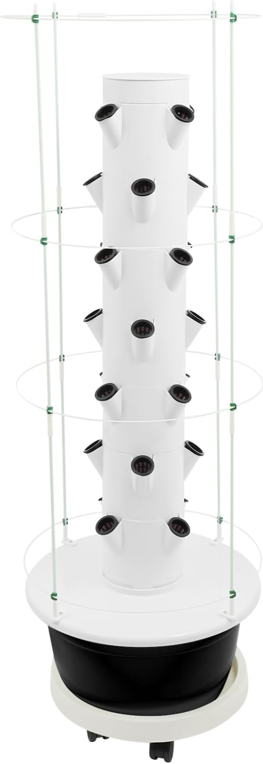 Hydroponic Growing Tower with Climbing Trellis 30L Water Tank &amp Automatic Timer Indoor Outdoor Vertical Garden System for Vegetables Herbs Strawberries (Black - 28 Holes)