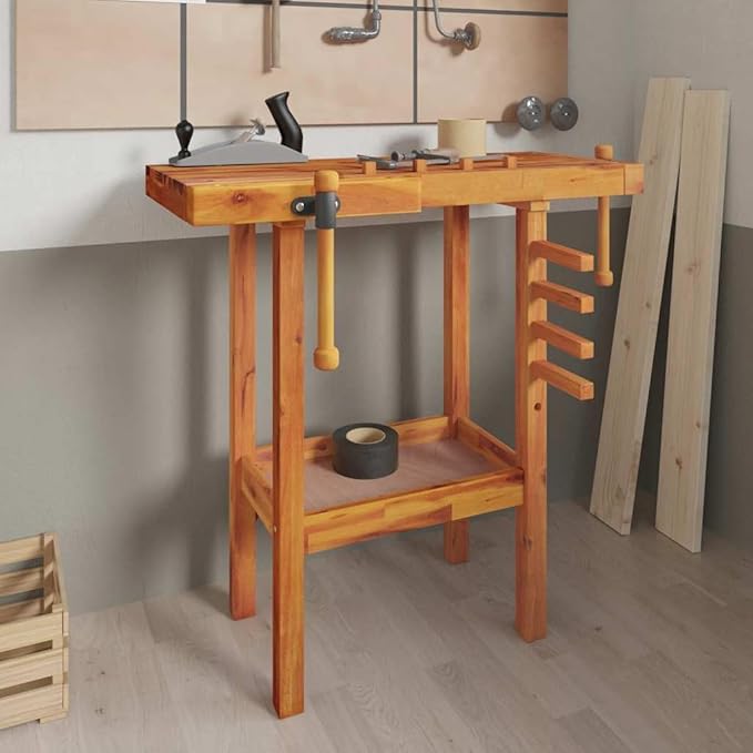vidaXL Solid Wooden Workbench with Acacia Wood Top and Vices for Workshops Garages and Sheds – Large Space High Strength