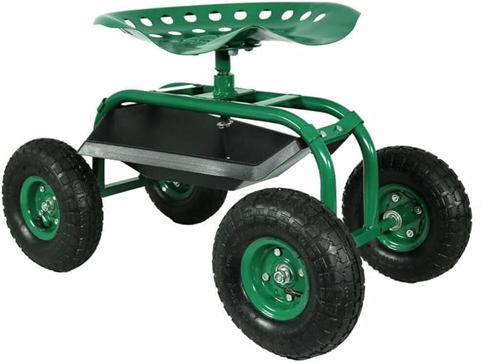 4-Wheel Garden Cart with 360° Swivel Seat - Heavy Duty Rolling Work Seat with Tool Tray &amp Storage Basket 10 Rubber Tires &amp 330lb Capacity for Outdoor Gardening