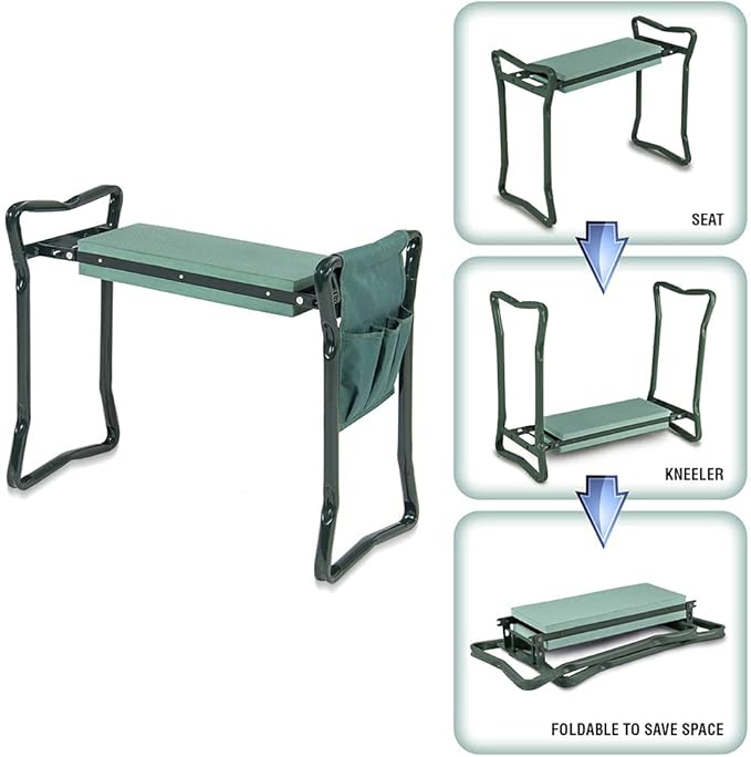 Garden Kneeling Pad and Seat Foldable Garden Seat Removable Tool Bag Sturdy Steel Frame No Assembly Required Portable Garden Stool Gardening Gift for Women Men and Seniors
