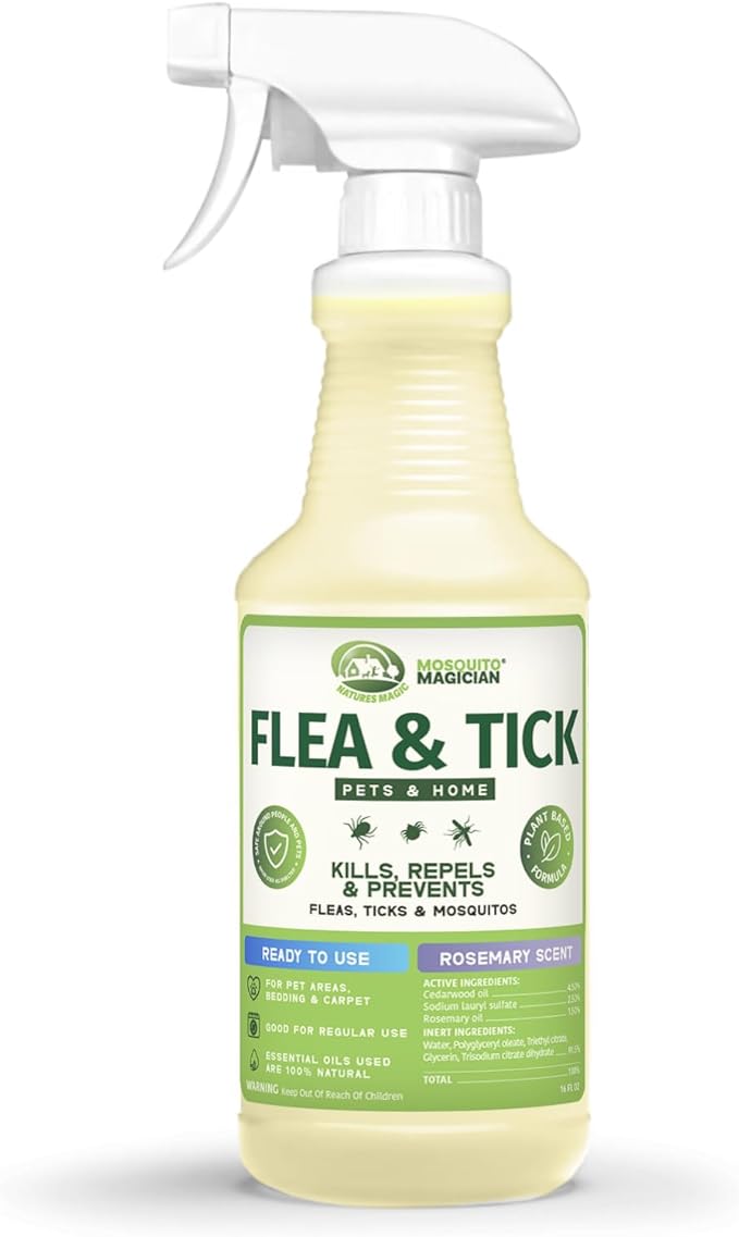 Mosquito Magician Indoor and Outdoor Flea &amp Tick Spray - Use for Carpet Furniture Bedding Couches &amp Pets – Plant-Sourced with Essential Oil – Rosemary 16 OZ