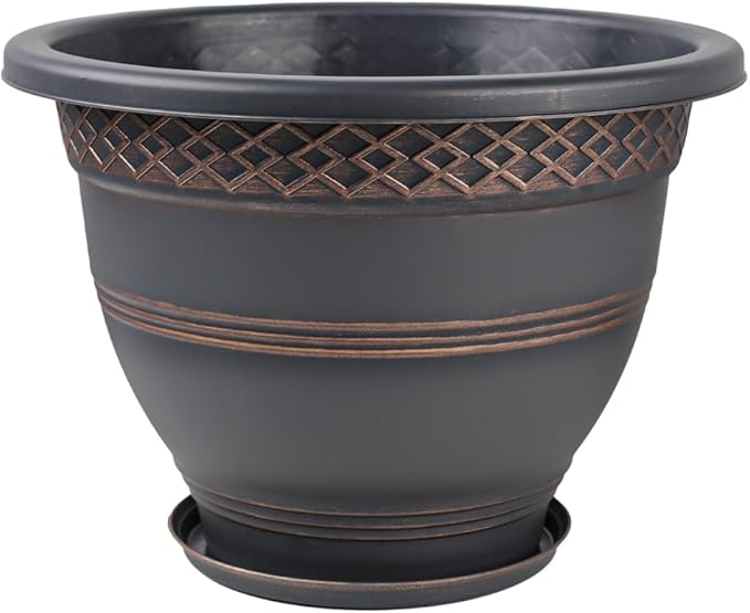 10 Inch 4 Pack Plant Pots Plastic Flower Pot for Indoor &amp Outdoor with Drainage Holes &amp Saucer Plaid Pattern Planters Garden Pots for Herbs