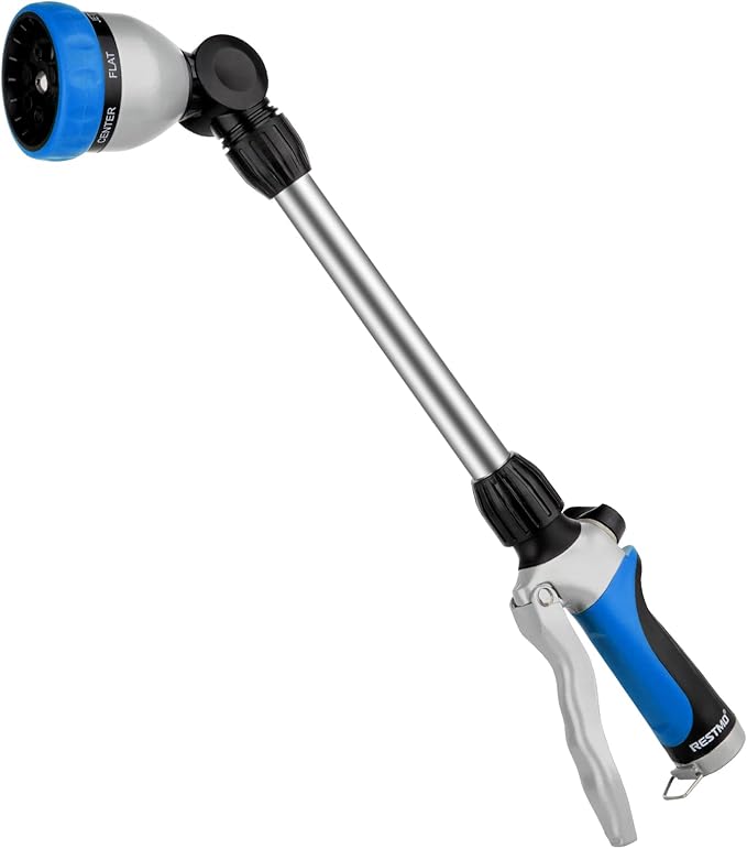 RESTMO Metal Watering Wand Heavy Duty Garden Hose Wand with 180° Swivel Ratcheting Head 16'' Hose Nozzle Sprayer with 7 Spray Patterns and Flow Control for Water Hanging Baskets and Shrubs Blue