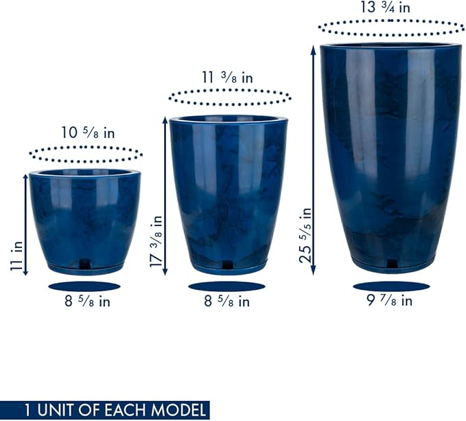 Floridis Planter Set of 3 Outdoor/Indoor Plastic Resin (Blue - Marble Effect)