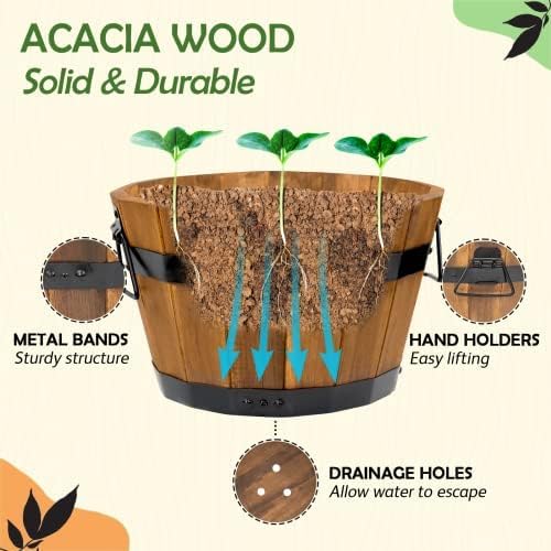 Idzo Set of 3 Wooden Upgraded Brown Orange Flower Boxes Outdoor Durable Acacia Wood Barrel Planters for Outdoor Plants with Ergonomic Handles Drainage Holes Multiple Sizes Wood Bucket Planter