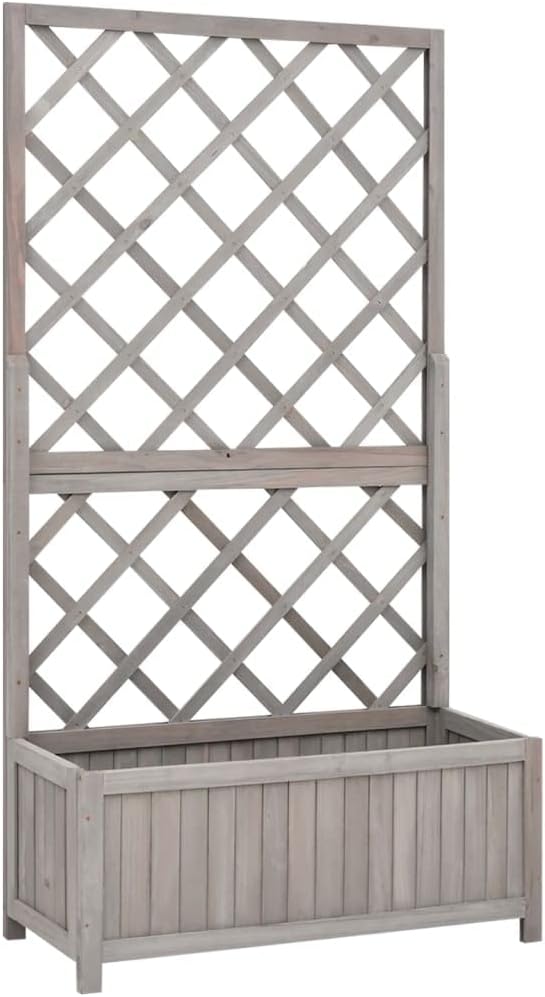 Rustic Grey Wooden Raised Garden Bed Planter 27.6 x 27.6 x 53.1 in Solid Firwood Trellis Outdoor Frame for Climbing Plants Balcony Patio Yard Flower &amp Herb Box