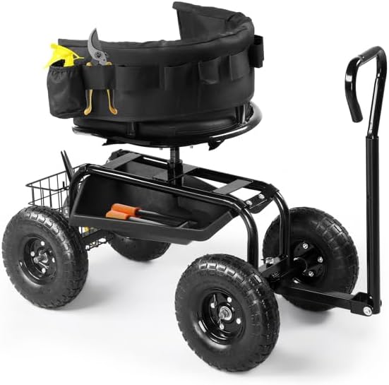 Rolling Gardening Cart with Seat - Utility Garden Tool Tray and Storage BasketGardening Stool for Planting Rolling Stool Gardening Cart with Tool Storage Garden Scooter with 360 Degree Swivel Seat