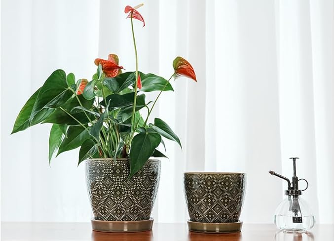 Docrin Dark Green Ceramic Planter Set - 6.6+5.5 Indoor Outdoor Pots with Drainage Holes &amp Saucers for Home Office Decor
