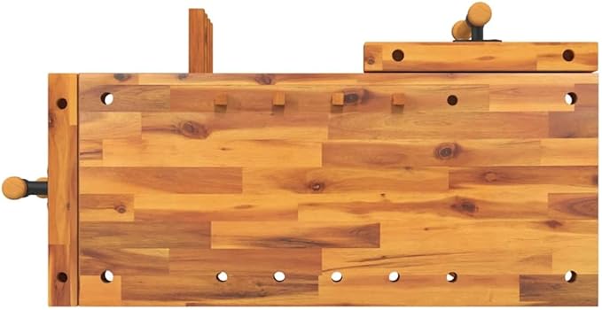 vidaXL Solid Wooden Workbench with Acacia Wood Top and Vices for Workshops Garages and Sheds – Large Space High Strength
