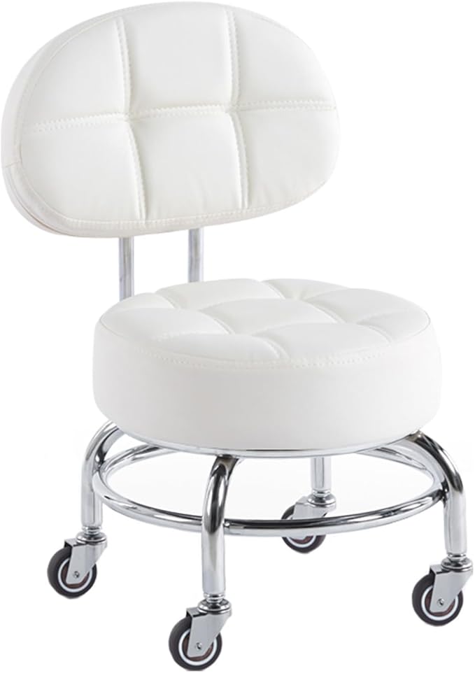 Low Rolling Stool with Wheels360° Rotating Pulley Low Stool with BackrestFoot Stools with Universal Swivel Caster Wheels Leather Small Stools for GarageGardeningHomeWhite(
