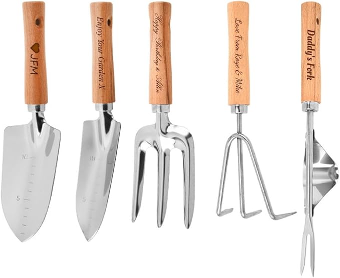 Personalised Garden Hand Tools Set Engraved Trowel Fork Rake Weeder Transplanter Mom Daddy Custom Gift Garden Lovers Gift Retirement Volunteer Gifts (Set of 5)