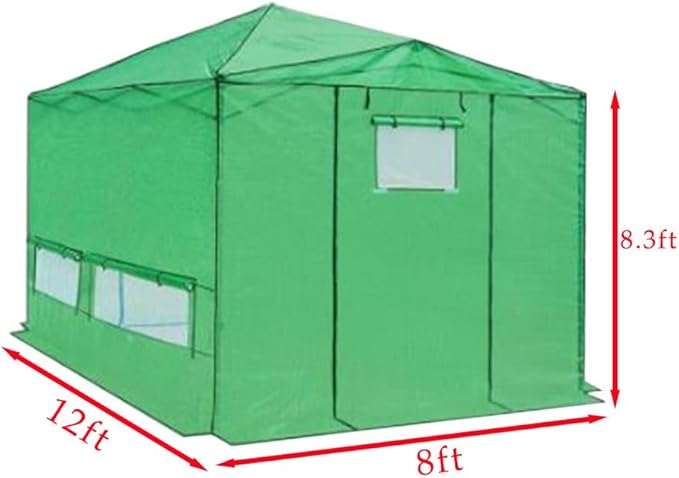 Garden Winds Custom Fit Replacement Cover Compatible with The Eagle Peak GH96EPT-GRN-AZ 12' x 8' Portable Walk in Instant Pop Up Greenhouse Zipper Entry Doors Mesh Side Windows - PE Fabric - Green