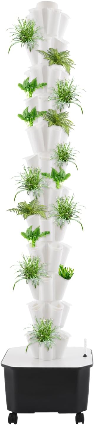 12-Tier Hydroponic Growing Tower 60-Plant Indoor Gardening System w/Automatic Water Circulation Vertical Aeroponic Tower Garden for Herbs Vegetables Fruits (White 60-Plants)