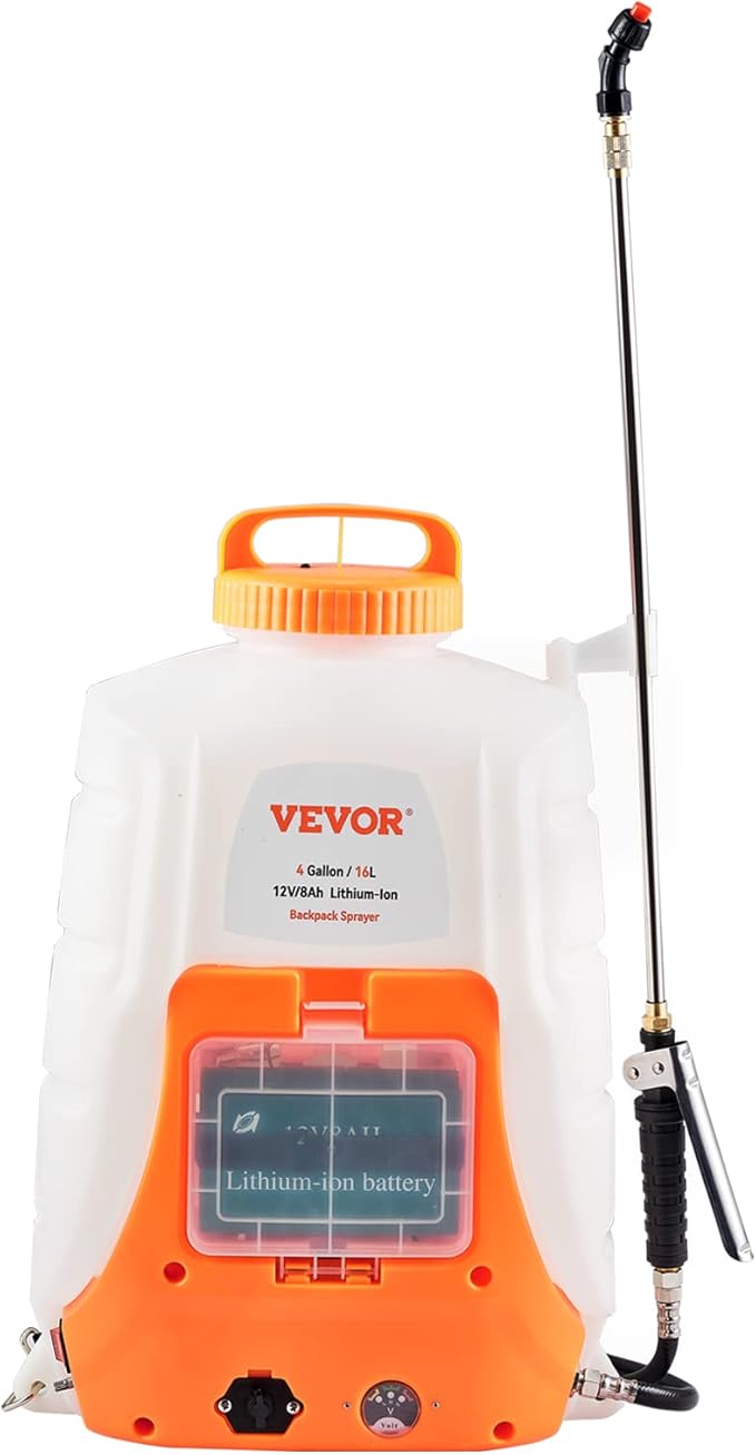 VEVOR Battery Powered Backpack Sprayer 0-90 PSI Adjustable Pressure 4 Gallon Tank Back Pack Sprayer with 8 Nozzles and 2 Wands 12V 8Ah Battery Wide Mouth Lid for Weeding Spraying Cleaning