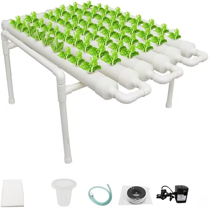 INTBUYING PVC Hydroponics Growing System 54 Sites 6 Pipes Grow Kit for Leafy Vegetables 1 Layers Hydroponic Kit with 110V Pump Hose Basket Planting Sponges