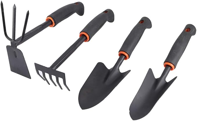 4Pcs Thickened Garden Shovel Rake Tool Set Heavy Duty Gardening Accessories Iron and Plastic Garden Tools with Comfortable Handle for Flower Planting Weeding and Loosening Soil
