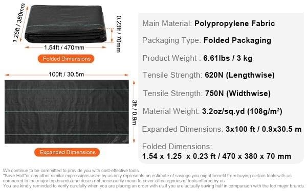 Professional-Grade Weed Barrier Fabric 3.2OZ Heavy-Duty Woven Polypropylene 3FT x 100FT Durable Landscape Ground Cover for Gardens Driveways &amp Industrial Use