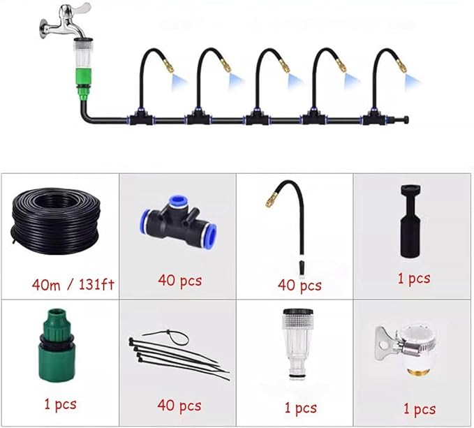 Automatic Drip Irrigation Kits 360° Curved Garden Irrigation Kit with Adjustable Nozzles Quick Installation Watering for Greenhouse Lawn Outdoor Plants(40m/131ft)