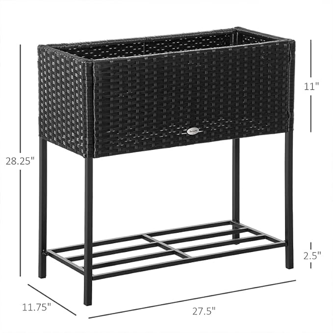 Outsunny Raised Garden Bed Elevated Planter Box with Rattan Wicker Look Tool Storage Shelf Portable Design for Herbs Vegetables Flowers Black