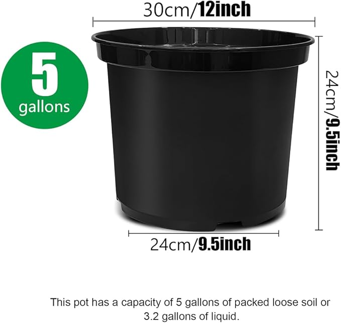 5 Gallon Nursery Pots 10-Pack 12 Inch Plastic Planter with Drainage Holes – Round Sturdy Deep Design for Indoor/Outdoor Plants