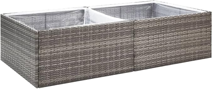 Large 61.8 Grey Rectangular PE Rattan Raised Planter Box with UV-Resistant Finish Drainage &amp Clear Inner Liner Durable Elevated Garden Bed for Patios Balconies and Backyards