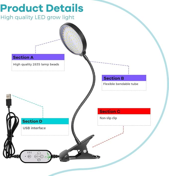 80W LED USB Power Supply Indoor Planting Light 5V Dimmable Automatic on/Off 360° Adjustable 3-Mode Greenhouse Tent Hydroponic UV/IR Vegetables Flowers Seedlings Red and Blue Cultivation Lamping