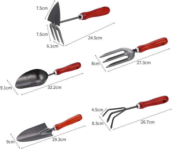 GLEAVI 5pcs Gardening Tool Set with Handle Rake and Flower Planting Shovels for Outdoor and Indoor Planting Garden Soil Loosening and Transplanting Sturdy Metal Hand Tools for Home