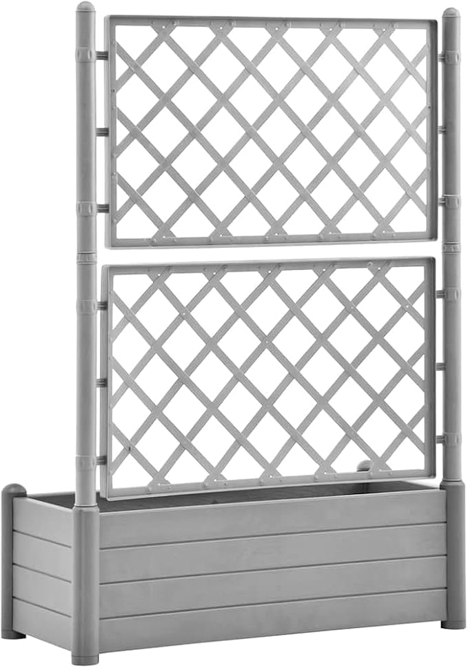 Stone Grey Polypropylene Garden Planter Rectangular Raised Bed with Integrated Trellis 39.4 x 39.4 x 55.9 Inch for Outdoor Plants Balcony Patio UV-Resistant