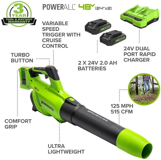 Greenworks 48V (24V x 2) Cordless Axial Leaf Blower (125 MPH / 515 CFM / 200+ Compatible Tools) (2) 2.0Ah Batteries and Dual Port Charger Included