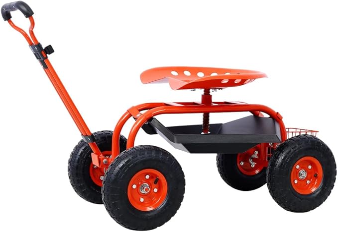 Ergonomic Rolling Garden Scooter with 360-Degree Swivel Seat Built-in Tool Tray Heavy-Duty Wheels and Adjustable Height Support (Red + Steel)
