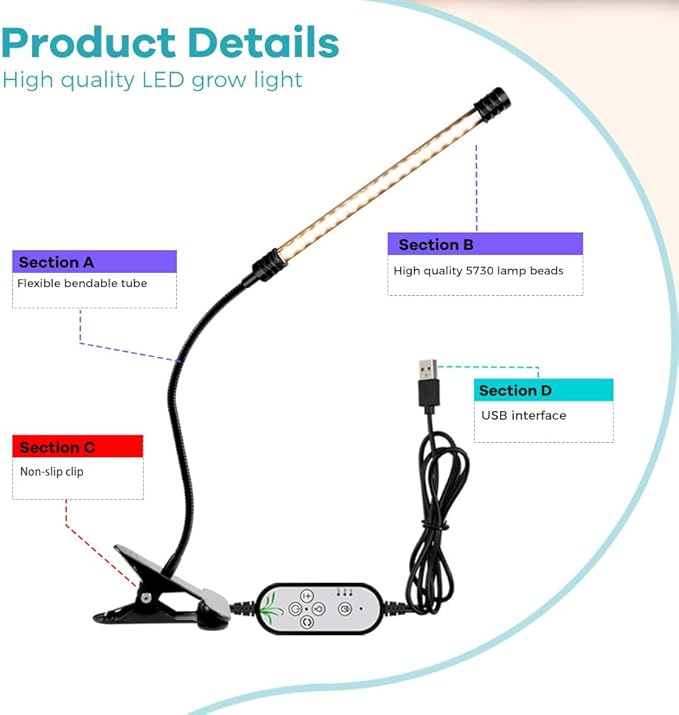 80W LED USB Power Supply Indoor Planting Light 5V Dimmable Automatic on/Off 360° Adjustable 3-Mode Greenhouse Tent Hydroponic UV/IR Vegetables Flowers Seedlings Red and Blue Cultivation Lamping