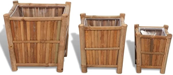Raised Bed Set 3 Pieces Bamboo with Nylon Lining Unique Plant Pots Large Planters for Outdoor Plants Plant Pots Large Outdoor Pots for Outdoor Gardening Porch Plants